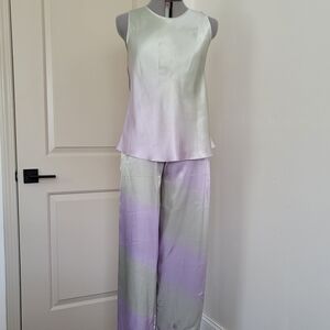 Halston Satin Sleeveless Top Pants Pajama Set Watercolor Green Lilac Pastel Sz M